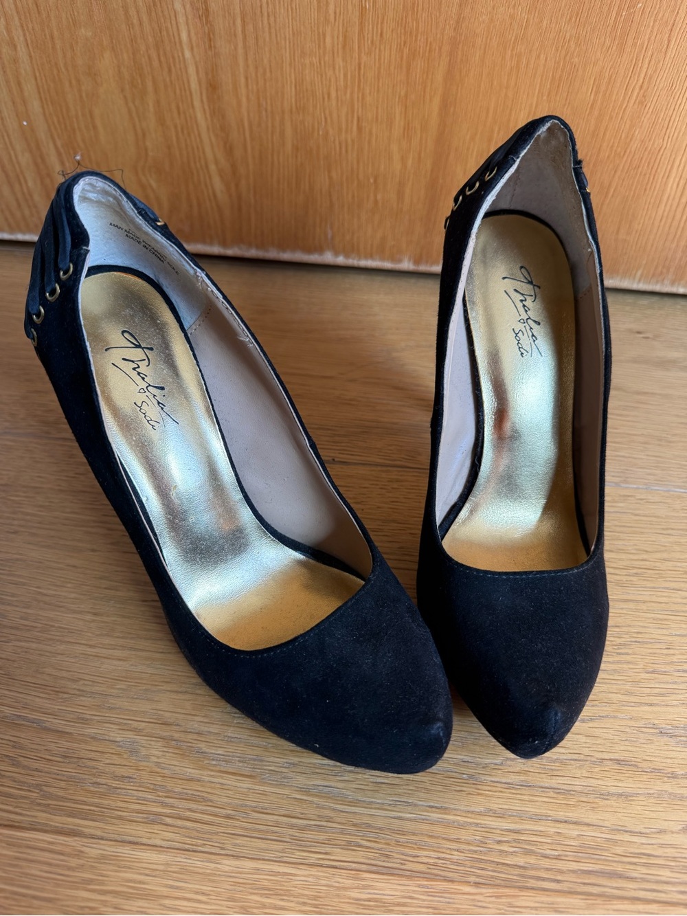 Thalia Sodi Black Suede Pointed Pumps with Gold Insole Accent